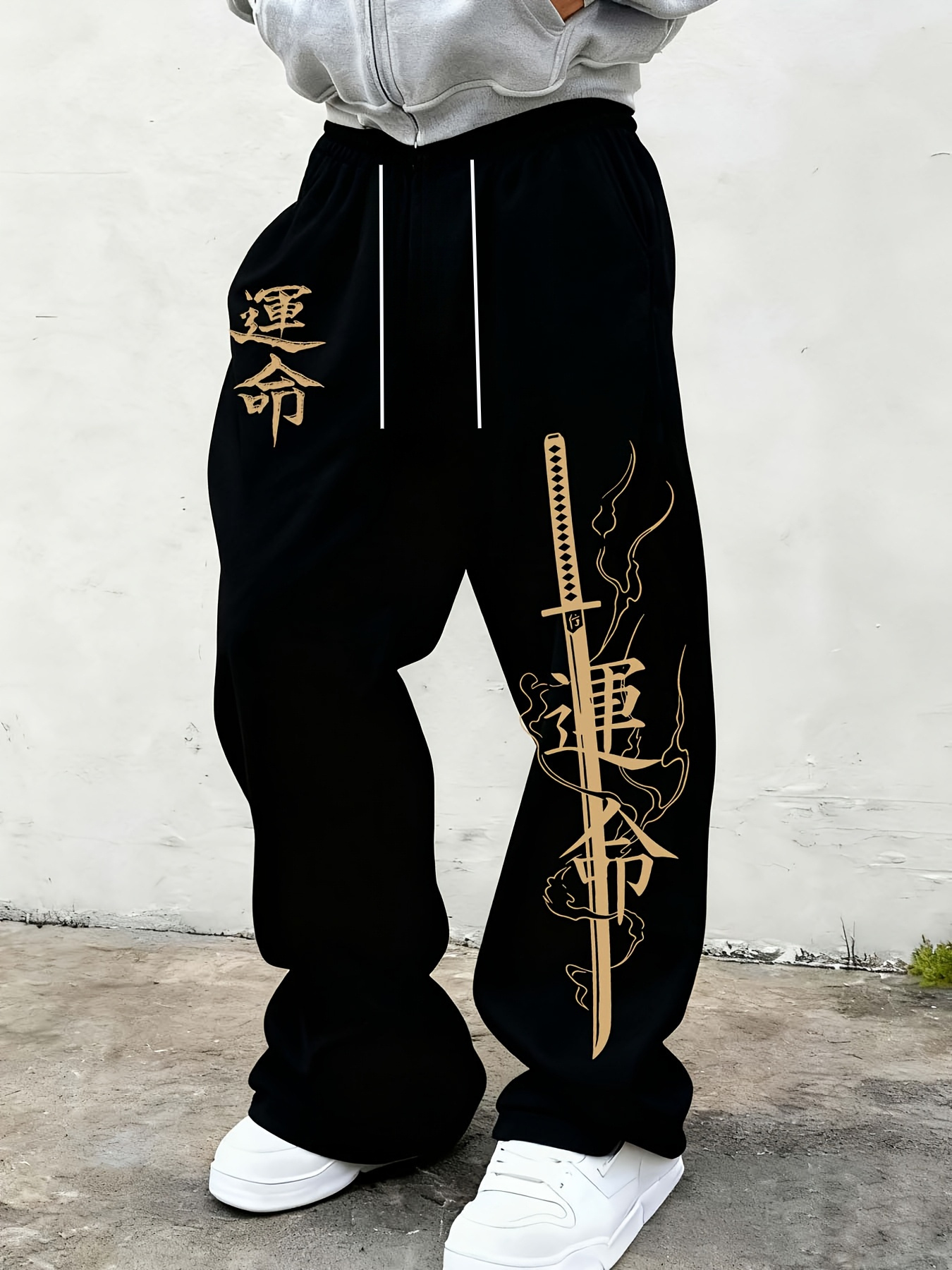 Japanese Knife - 2026年夏 メンズパンツ ブラックジョギングパンツ 日本の侍刀プリント カジュアルパンツ ウエストゴム