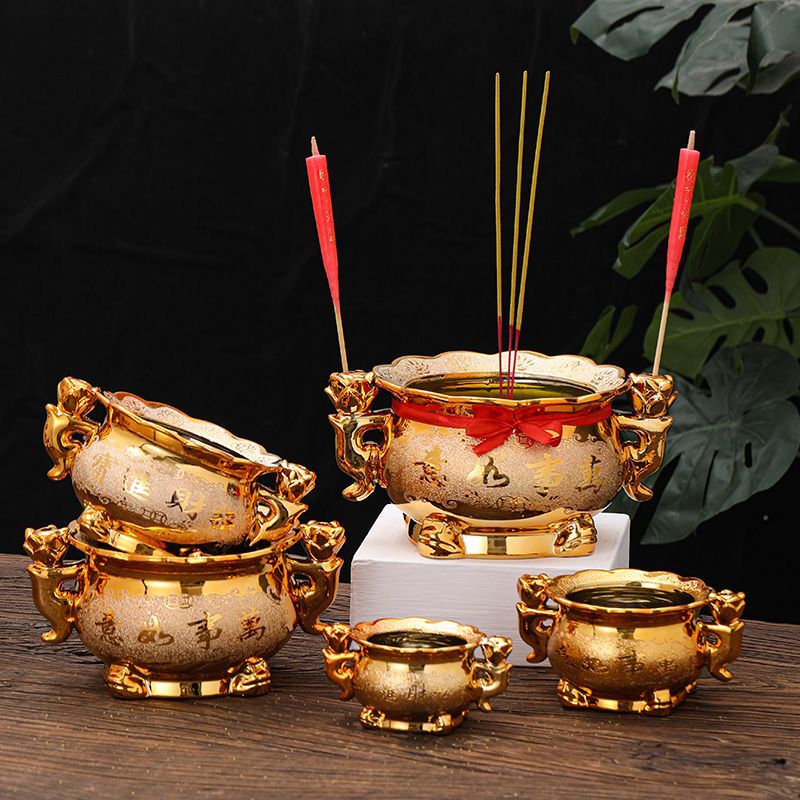 Incense Holder - 金色の陶器製香炉とキャンドルホルダー、家庭用祈祷、仏陀礼拝用祭壇、卓上装飾、宗教用品