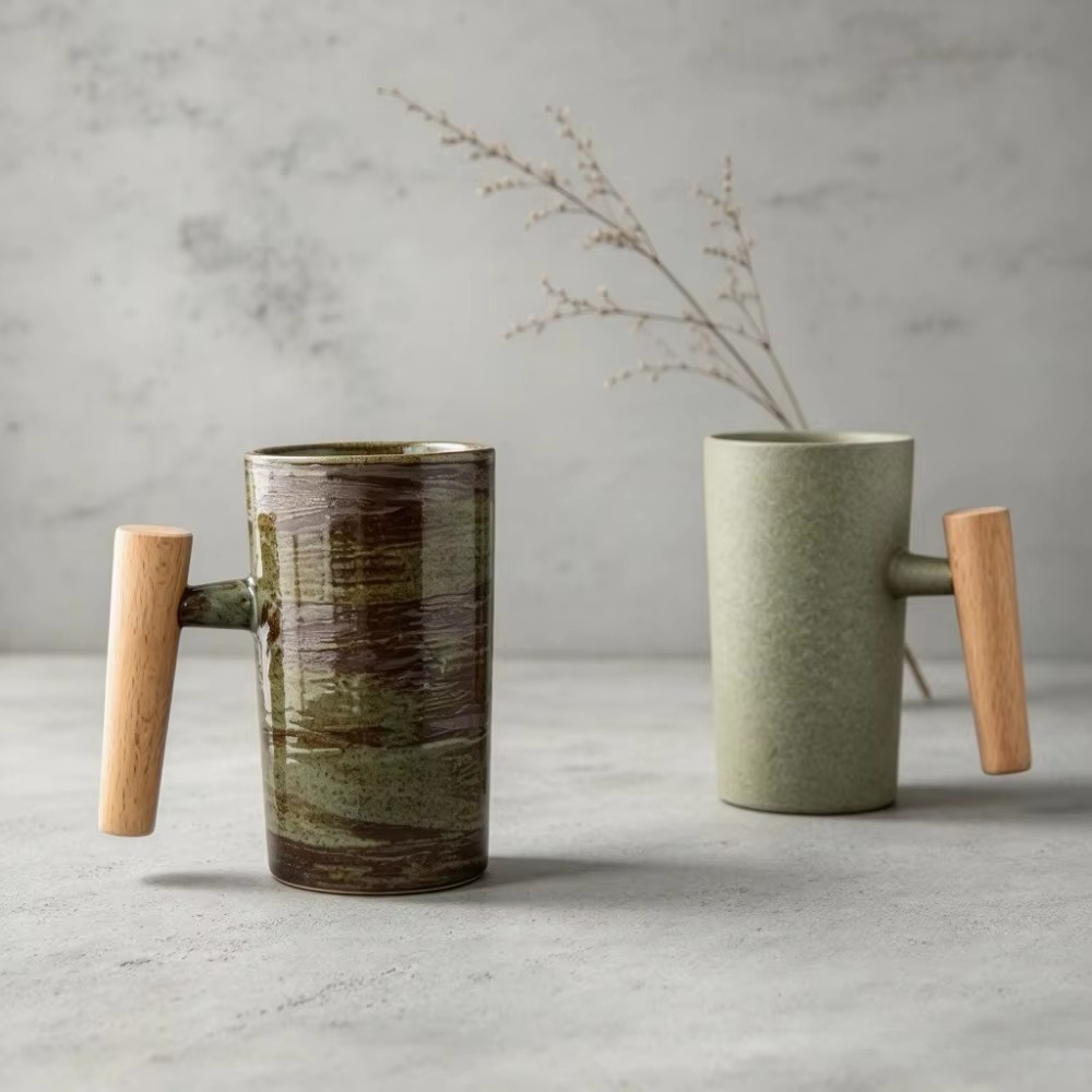 Japanese Tea - 日本のデザインにインスパイアされた陶器製のコーヒーマグ。木製の取っ手が付いたレトロ調のカップ。手作りの陶器で、お茶や飲み物を入れるのに最適。ご自宅での使用やギフトにも。