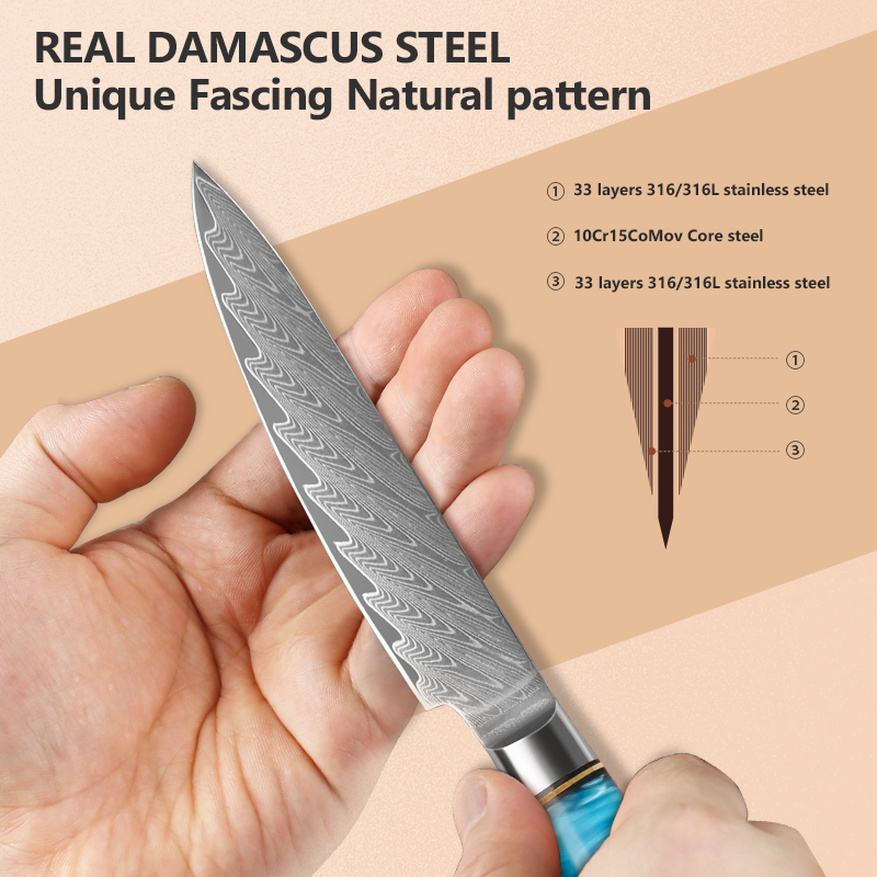 5インチのダマスカス鋼製ユーティリティナイフ、日本のプロのシ - Japanese Knife のレビューと価格