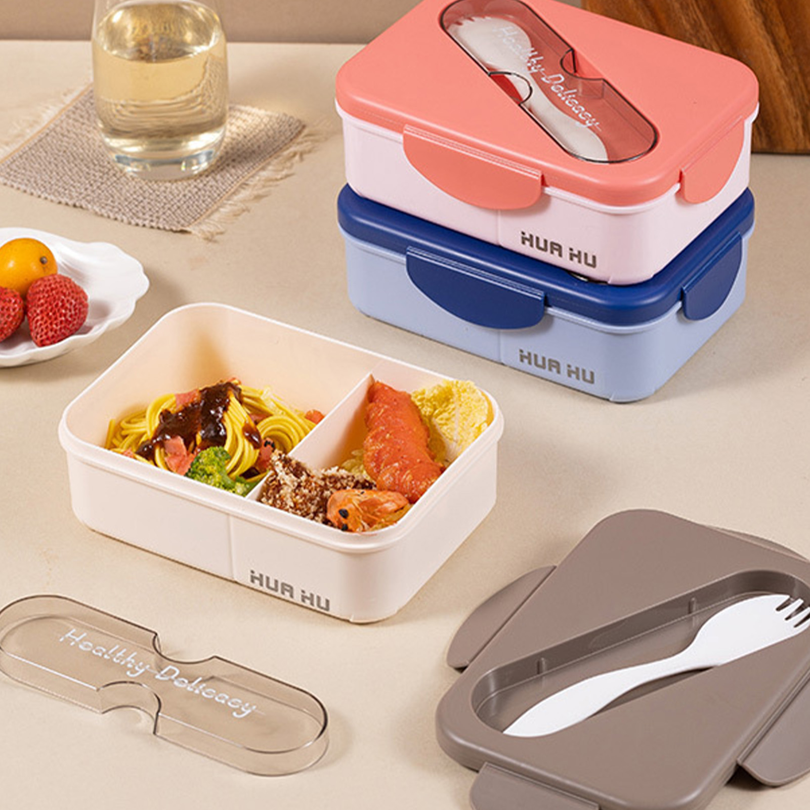 フォーク付きお弁当箱、プラスチック製お弁当箱、電子レンジ対応 - Bento Box のレビューと価格